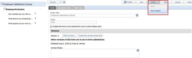 Delete form version