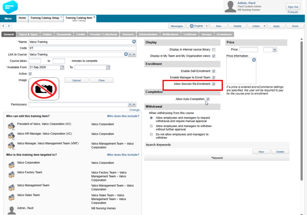 TCI - Allow Session Re-Enrolment Checkbox
